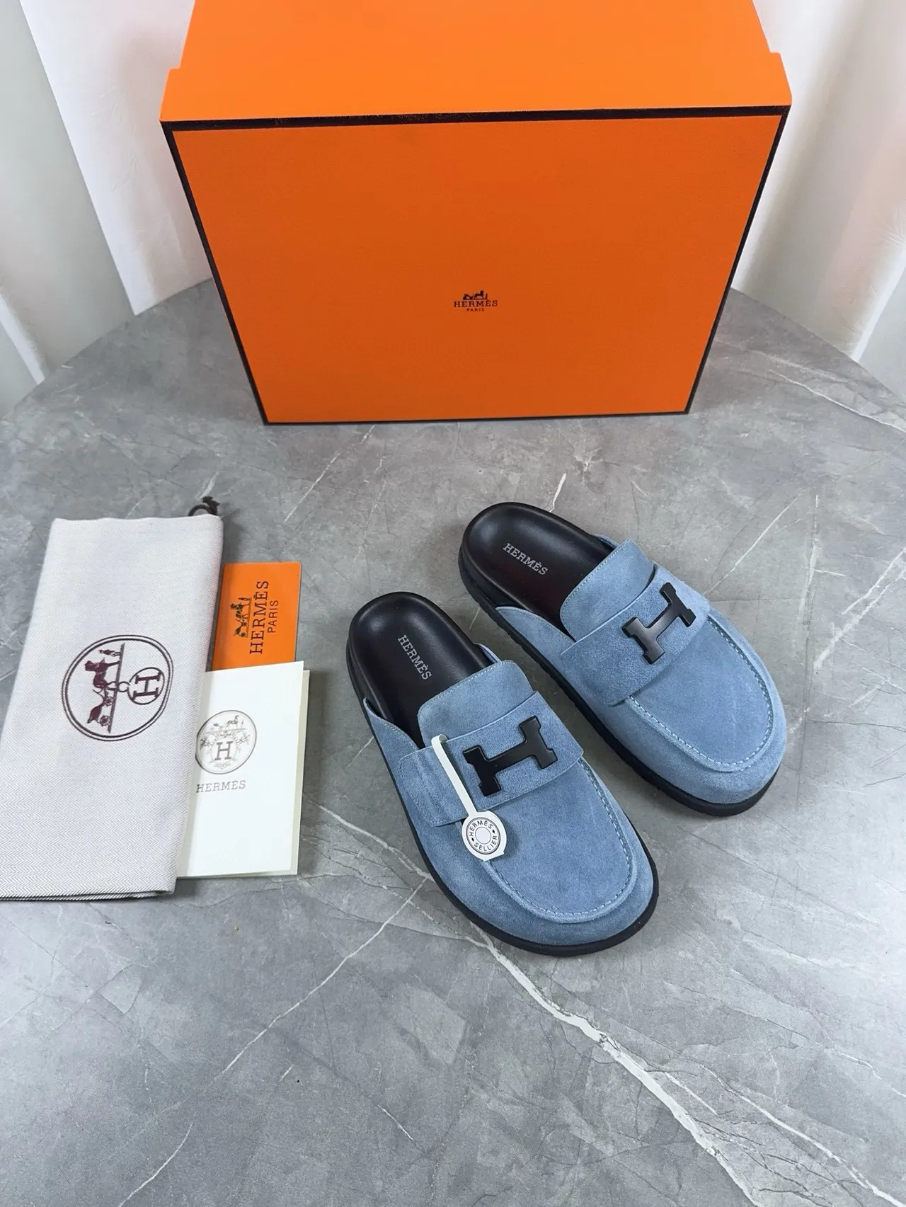 Hermès Oran Loafer Light Blue Suede Black Hardware Loafers 5