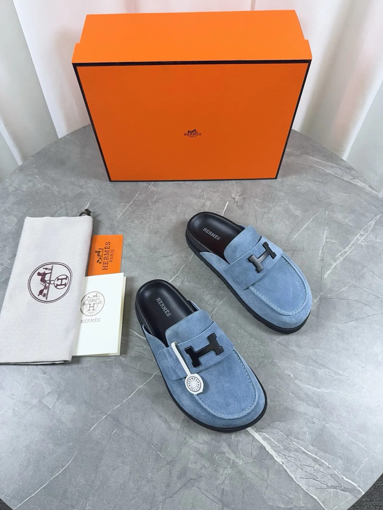 Hermès Oran Loafer Light Blue Suede Black Hardware Loafers 6