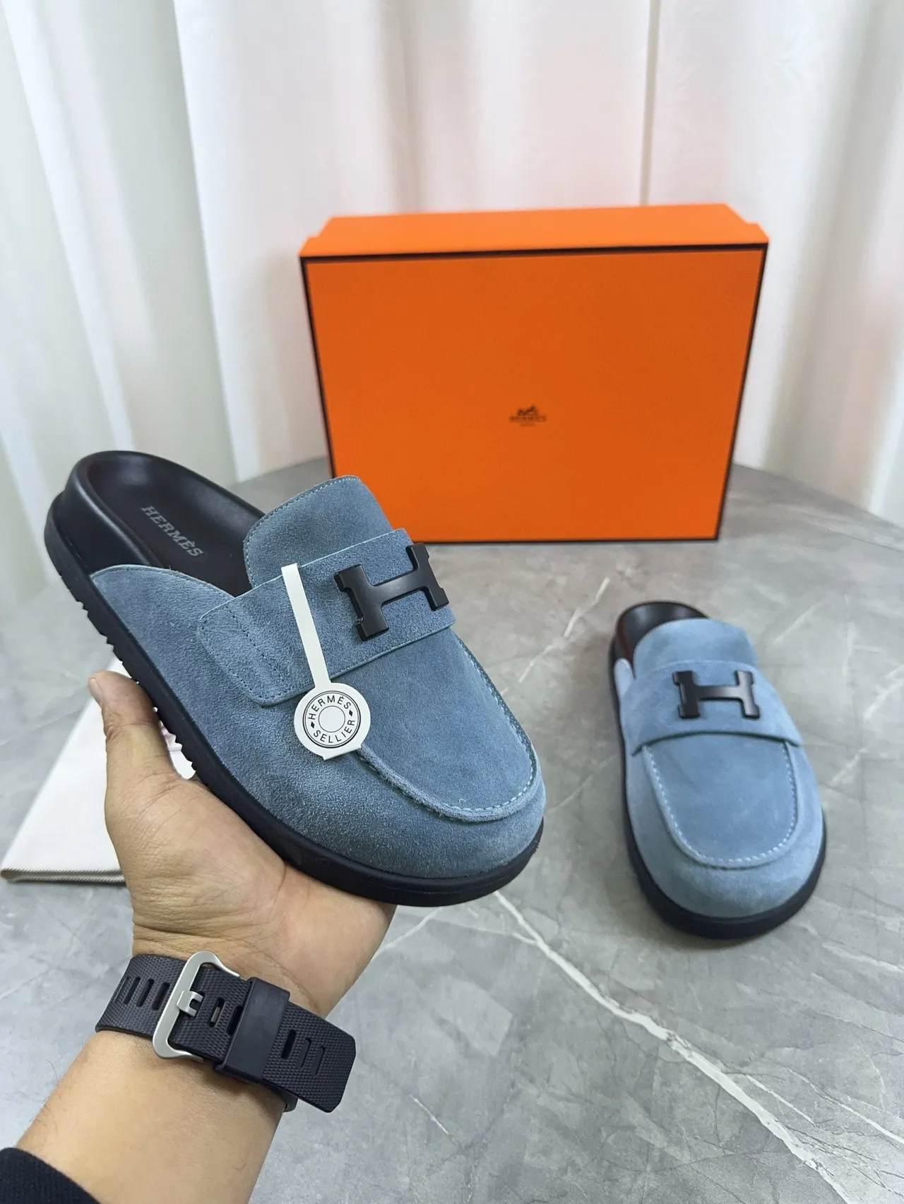 Hermès Oran Loafer Light Blue Suede Black Hardware Loafers 7
