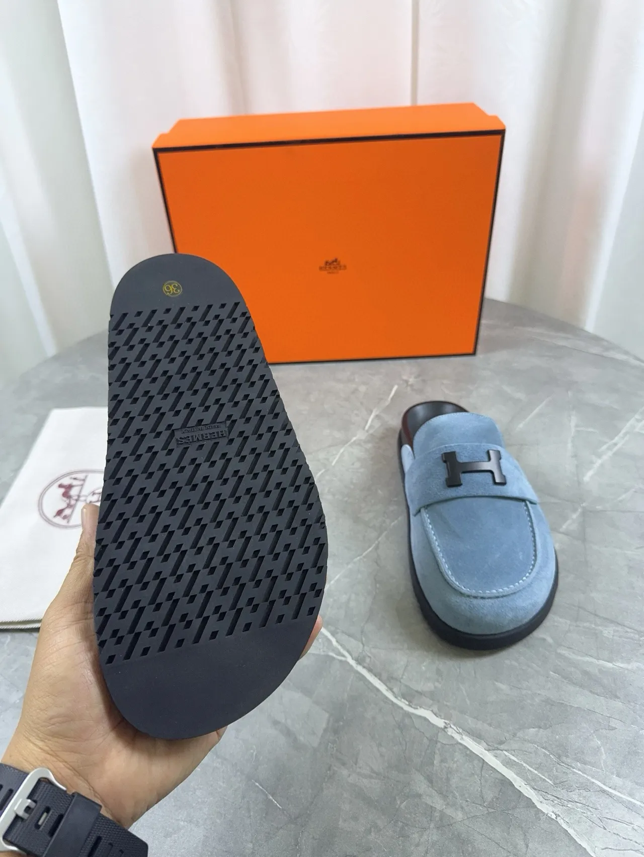 Hermès Oran Loafer Light Blue Suede Black Hardware Loafers 8