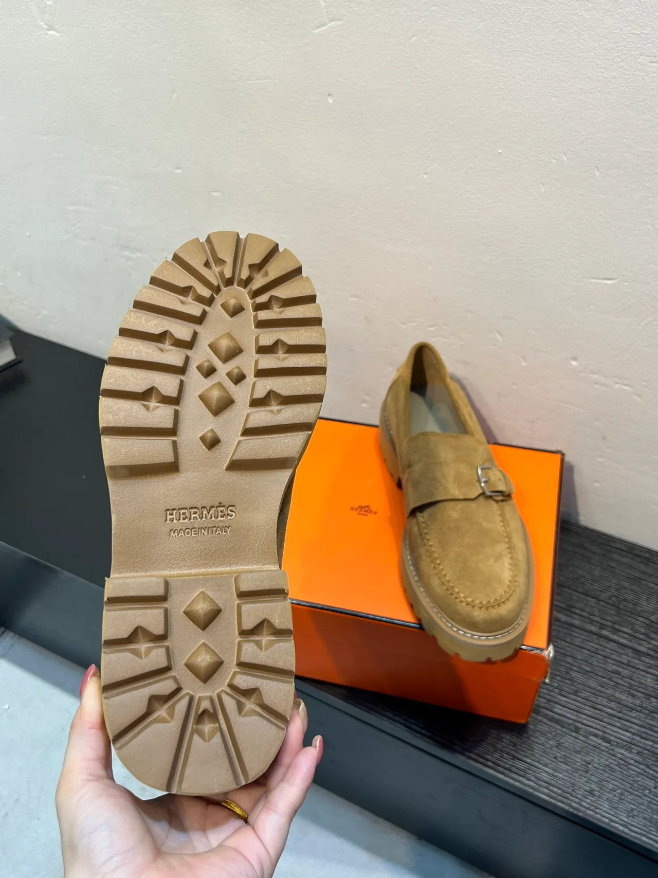 Hermès Oran Loafer Tan Suede Buckle Strap Loafer 9