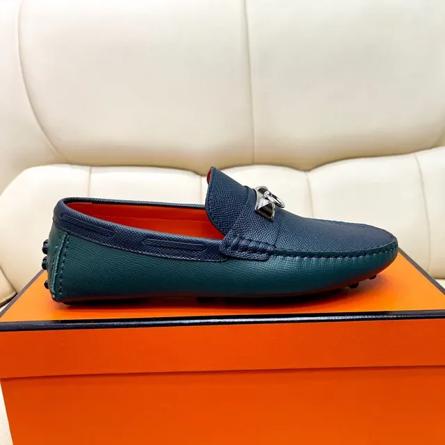 Hermès Oran Navy Orange Textured Leather H-Buckle Hardware Loafer 2