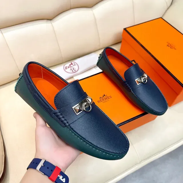 Hermès Oran Navy Orange Textured Leather H-Buckle Hardware Loafer 3