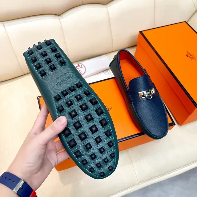 Hermès Oran Navy Orange Textured Leather H-Buckle Hardware Loafer 4