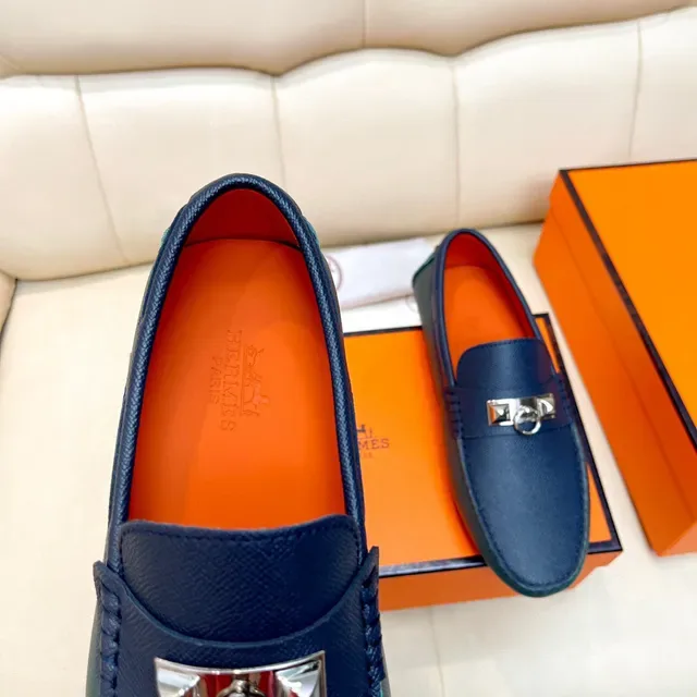 Hermès Oran Navy Orange Textured Leather H-Buckle Hardware Loafer 5