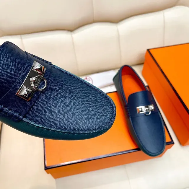 Hermès Oran Navy Orange Textured Leather H-Buckle Hardware Loafer 6