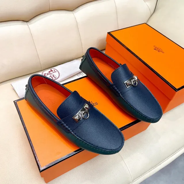 Hermès Oran Navy Orange Textured Leather H-Buckle Hardware Loafer 7