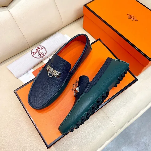 Hermès Oran Navy Orange Textured Leather H-Buckle Hardware Loafer 8
