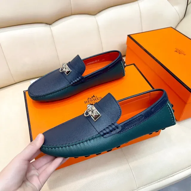 Hermès Oran Navy Orange Textured Leather H-Buckle Hardware Loafer 9