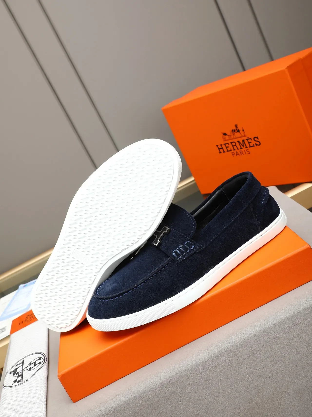 Hermès Oran Loafer daim navy boucle H 4