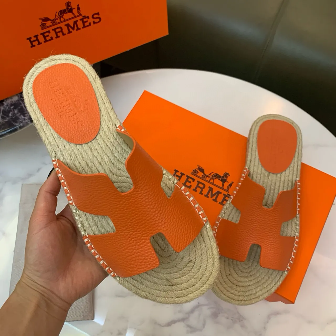 Hermès Oran Orange Leather H-Strap Espadrille Slippers 4