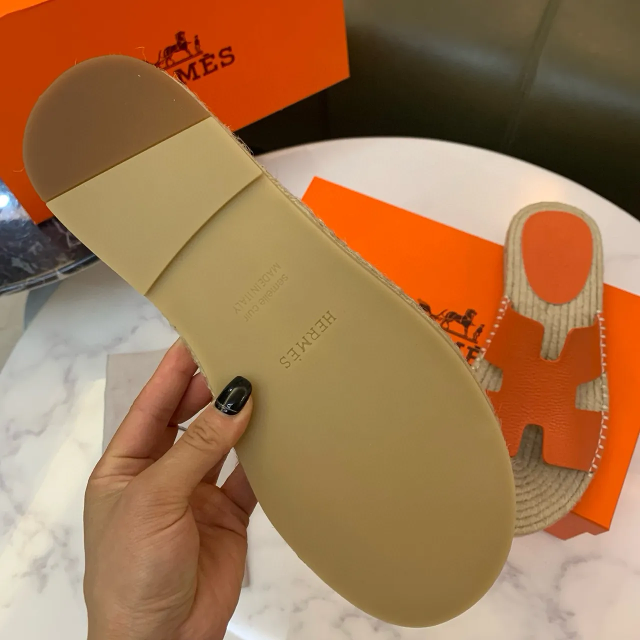 Hermès Oran Orange Leather H-Strap Espadrille Slippers 8