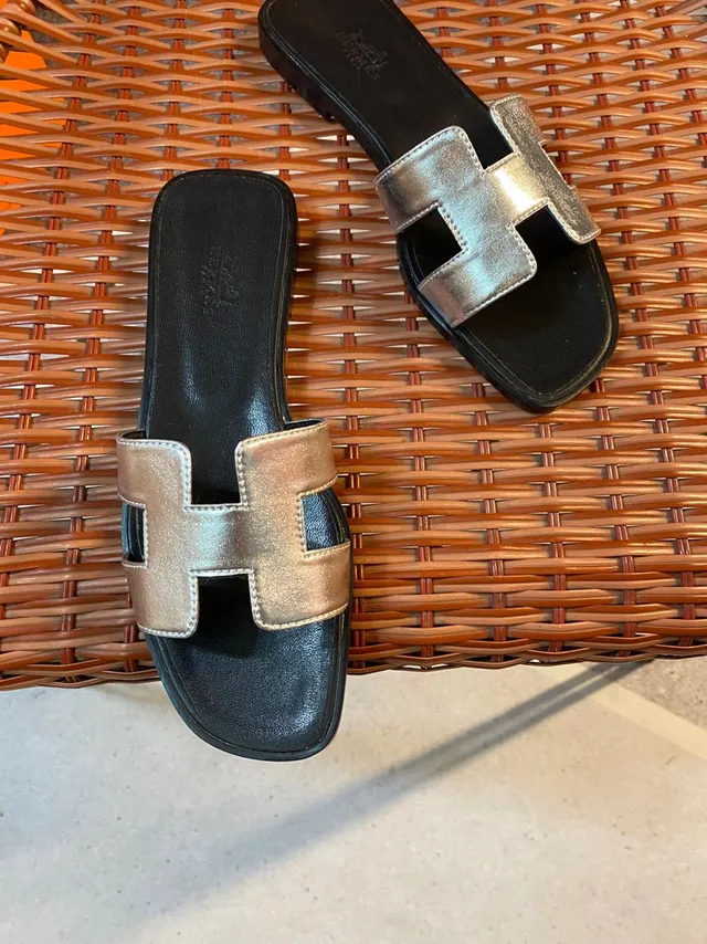 Hermès Oran Silver-Gold H-Strap Slippers 3