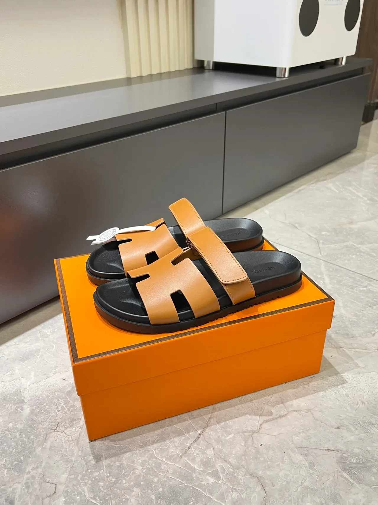 Hermès Oran Slide H-Strap Leather Slippers 22