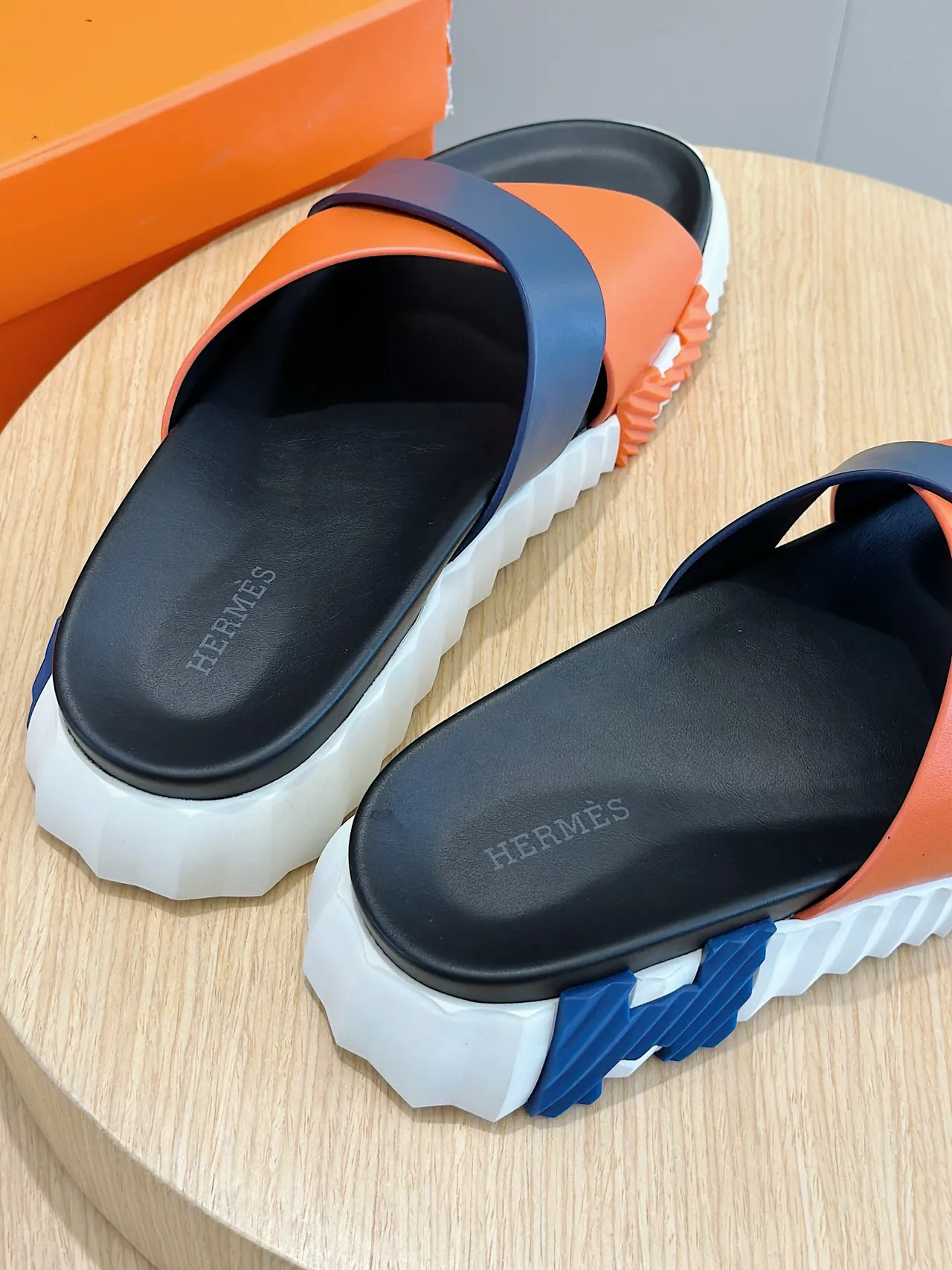 Hermès Oran Slide Orange Navy Black White Slippers 6