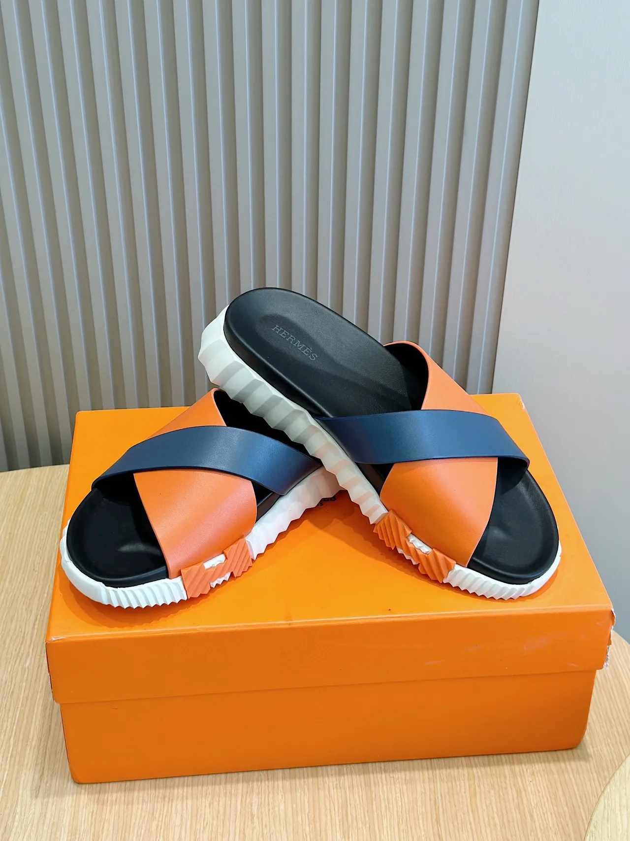 Hermès Oran Slide Orange Navy Black White Slippers 7