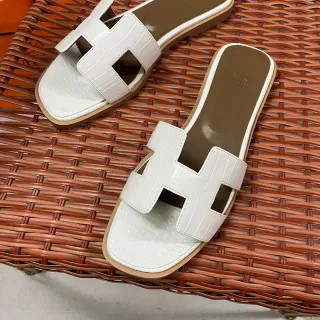 Hermès Oran Slide সাদা ক্রোক-এমবসড চামড়ার স্লিপার