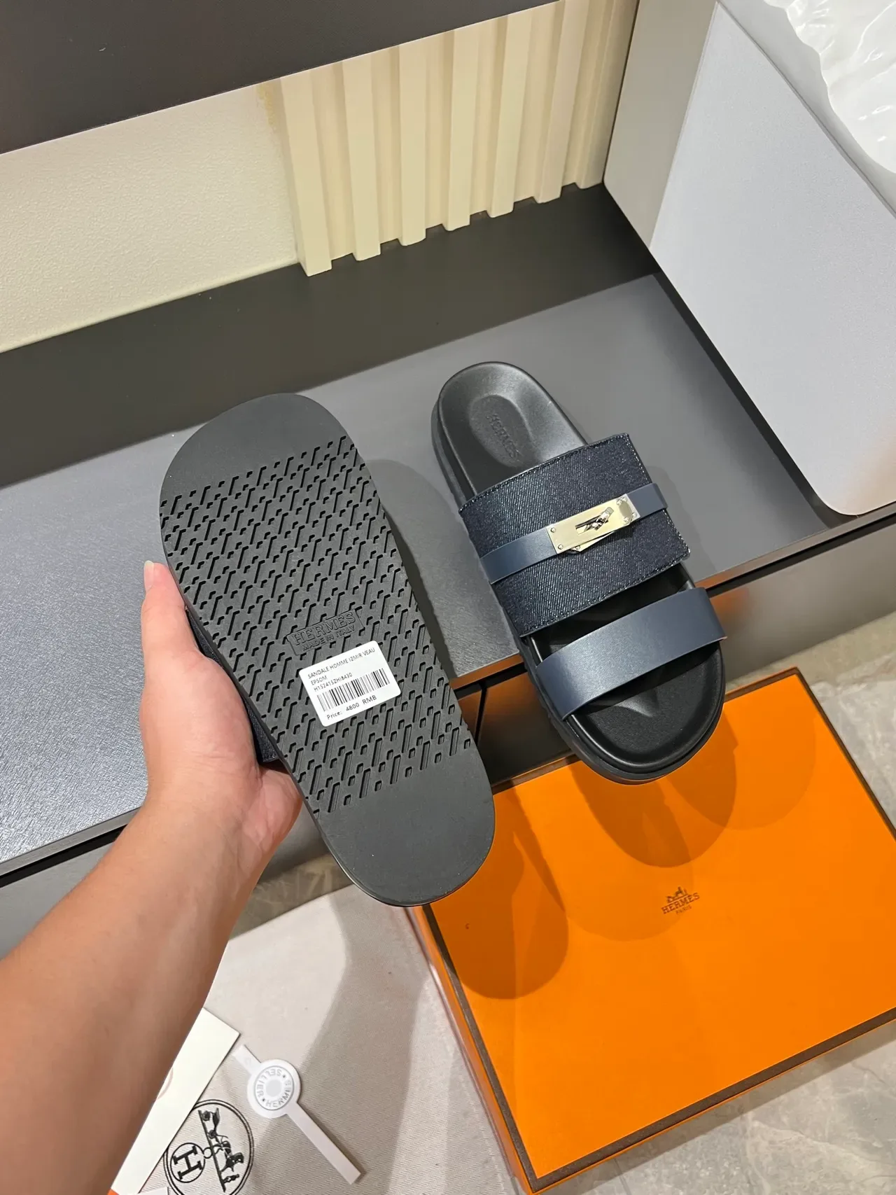 Hermès Oran Slides Denim Double-Strap Metal Buckle Slippers 2