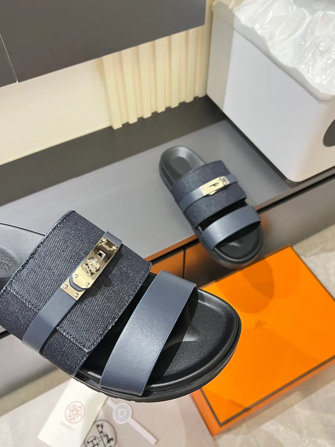 Hermès Oran Slides Denim Double-Strap Metal Buckle Slippers 3