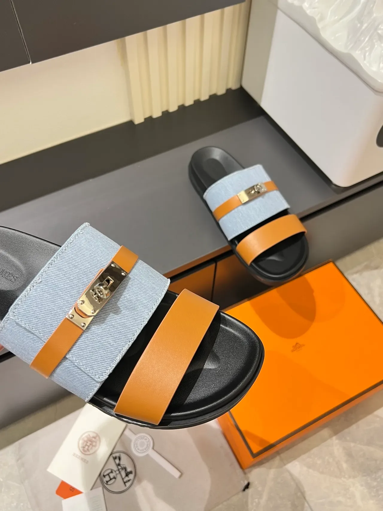 Hermès Oran Slides Denim Double-Strap Metal Buckle Slippers 4