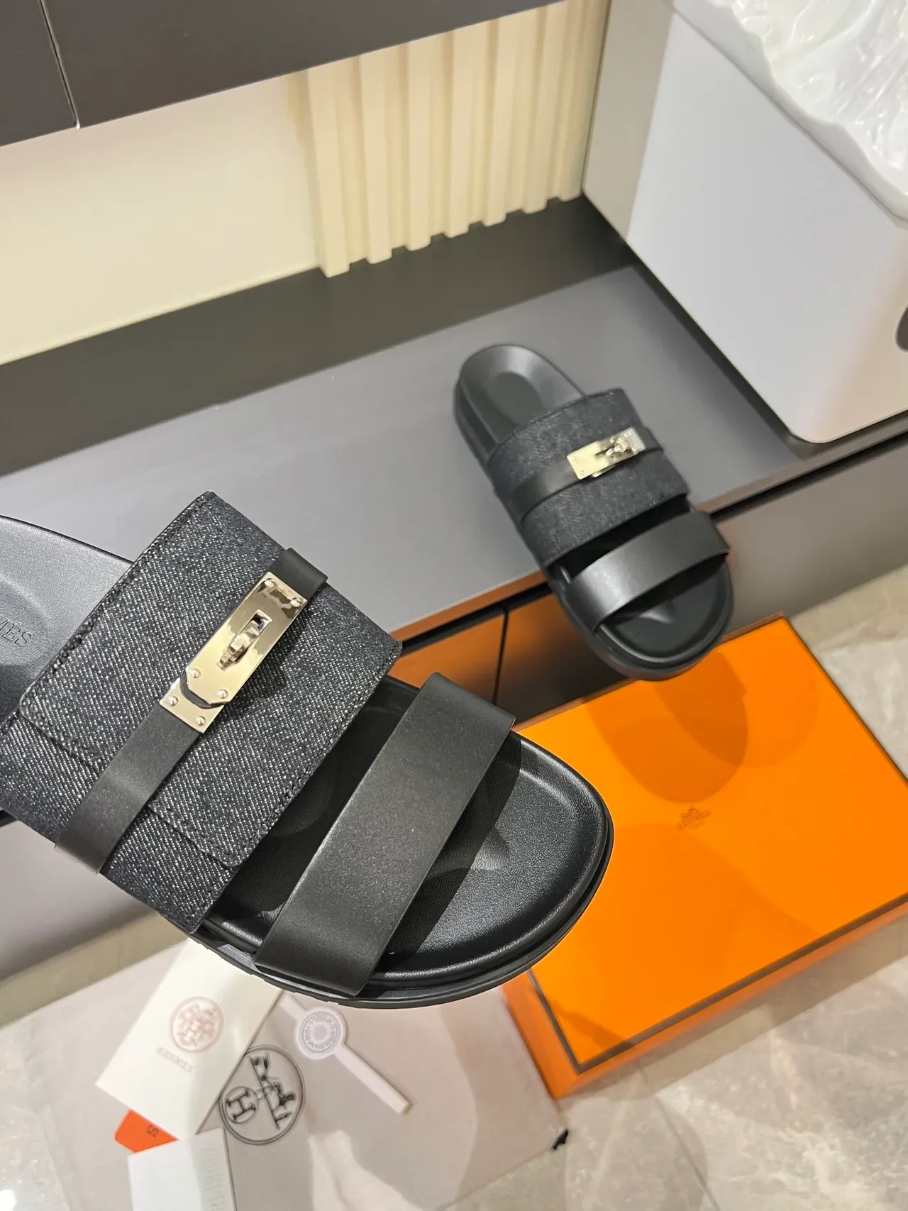 Hermès Oran Slides Denim Double-Strap Metal Buckle Slippers 5