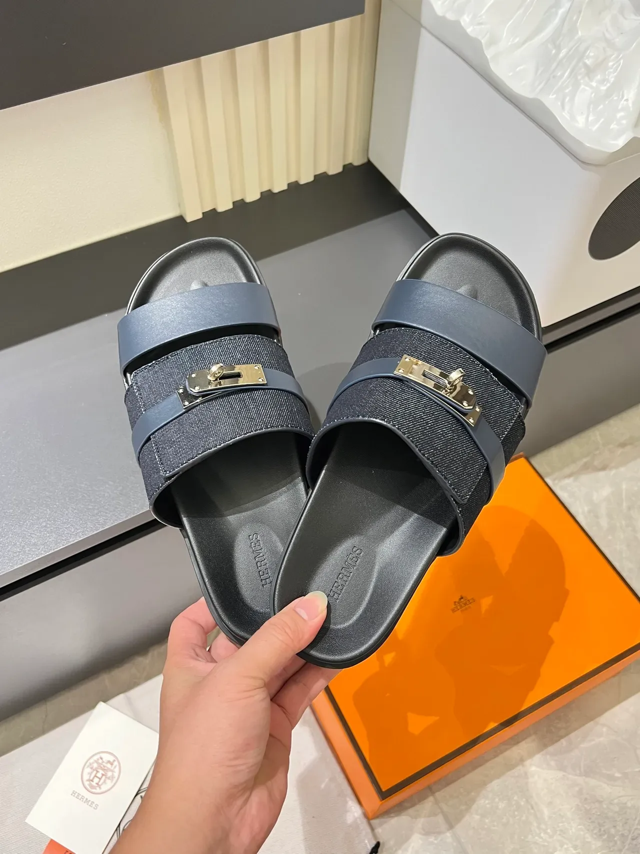 Hermès Oran Slides Denim Double-Strap Metal Buckle Slippers 6