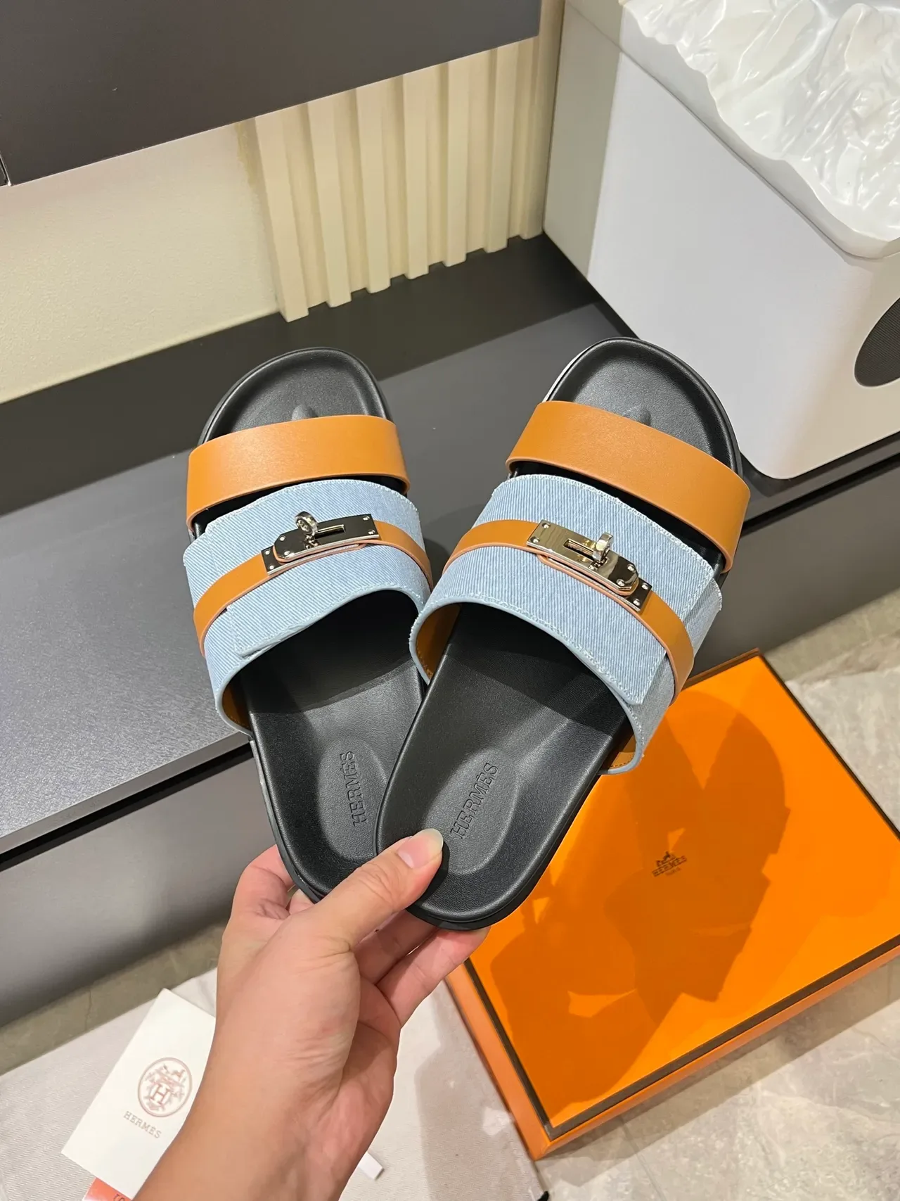 Hermès Oran Slides Denim Double-Strap Metal Buckle Slippers 7