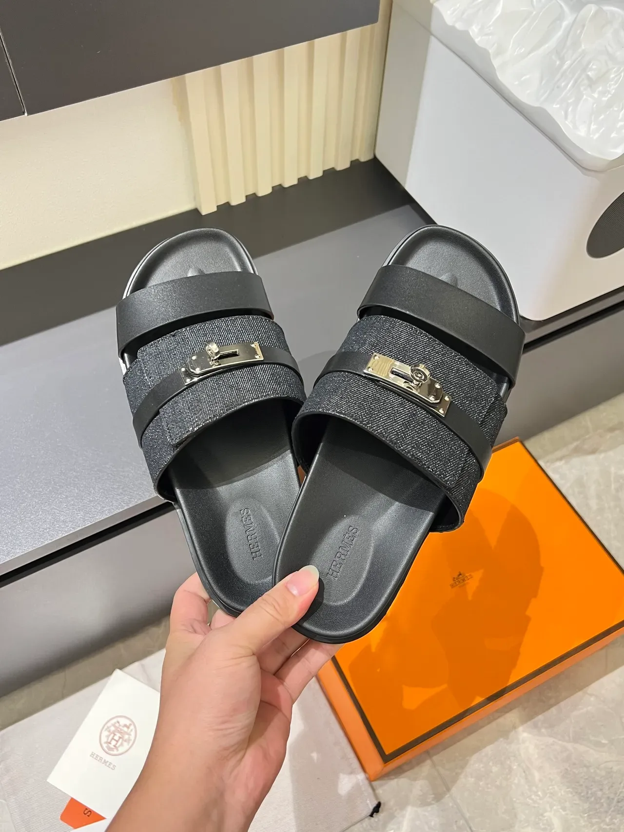 Hermès Oran Slides Denim Double-Strap Metal Buckle Slippers 8