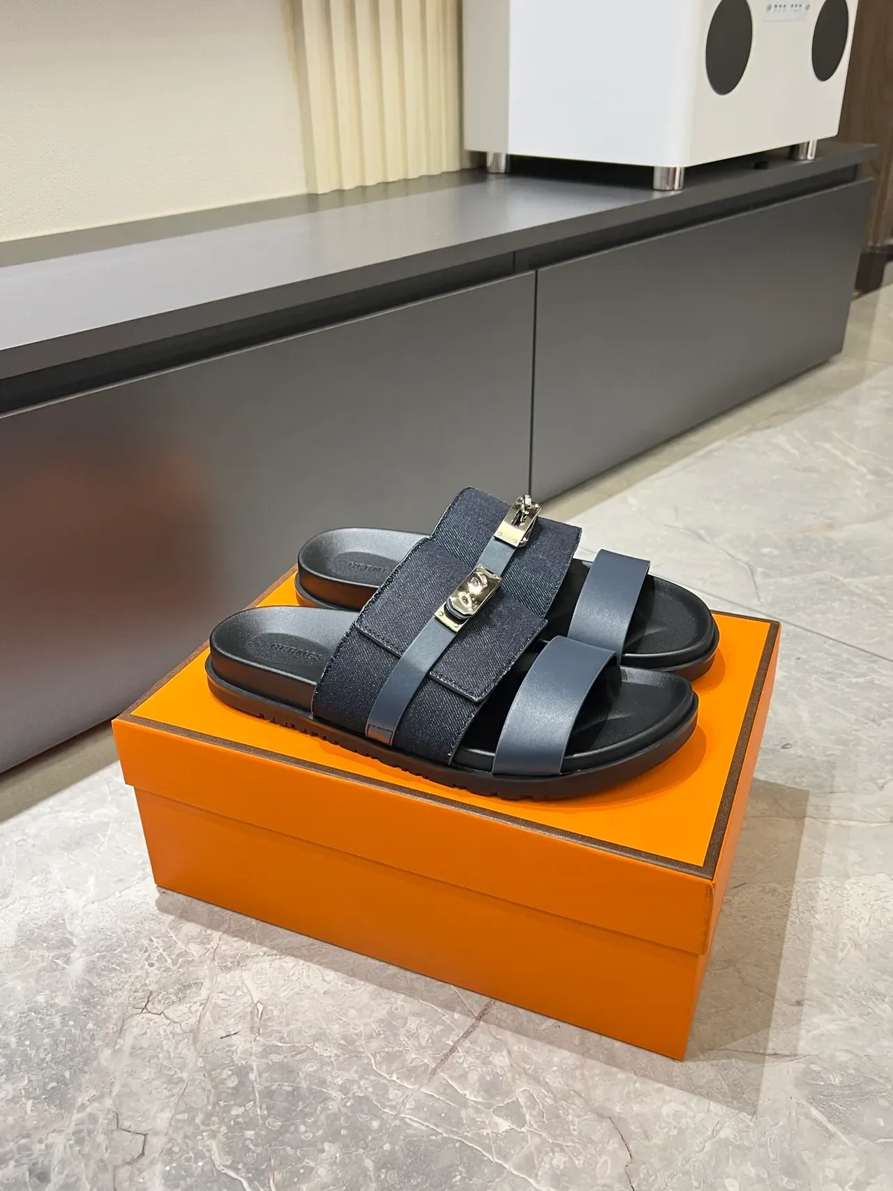 Hermès Oran Slides Denim Double-Strap Metal Buckle Slippers 9