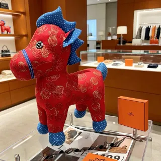Hermès लाल नीला प्लश स्टफ्ड घोड़ा जैक्वार्ड गुलाब पैटर्न हैंडबैग