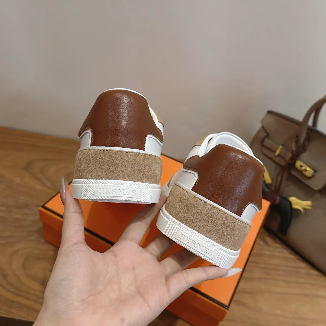 Hermès White and Beige Panelled Leather Suede Lifestyle Sneakers 2