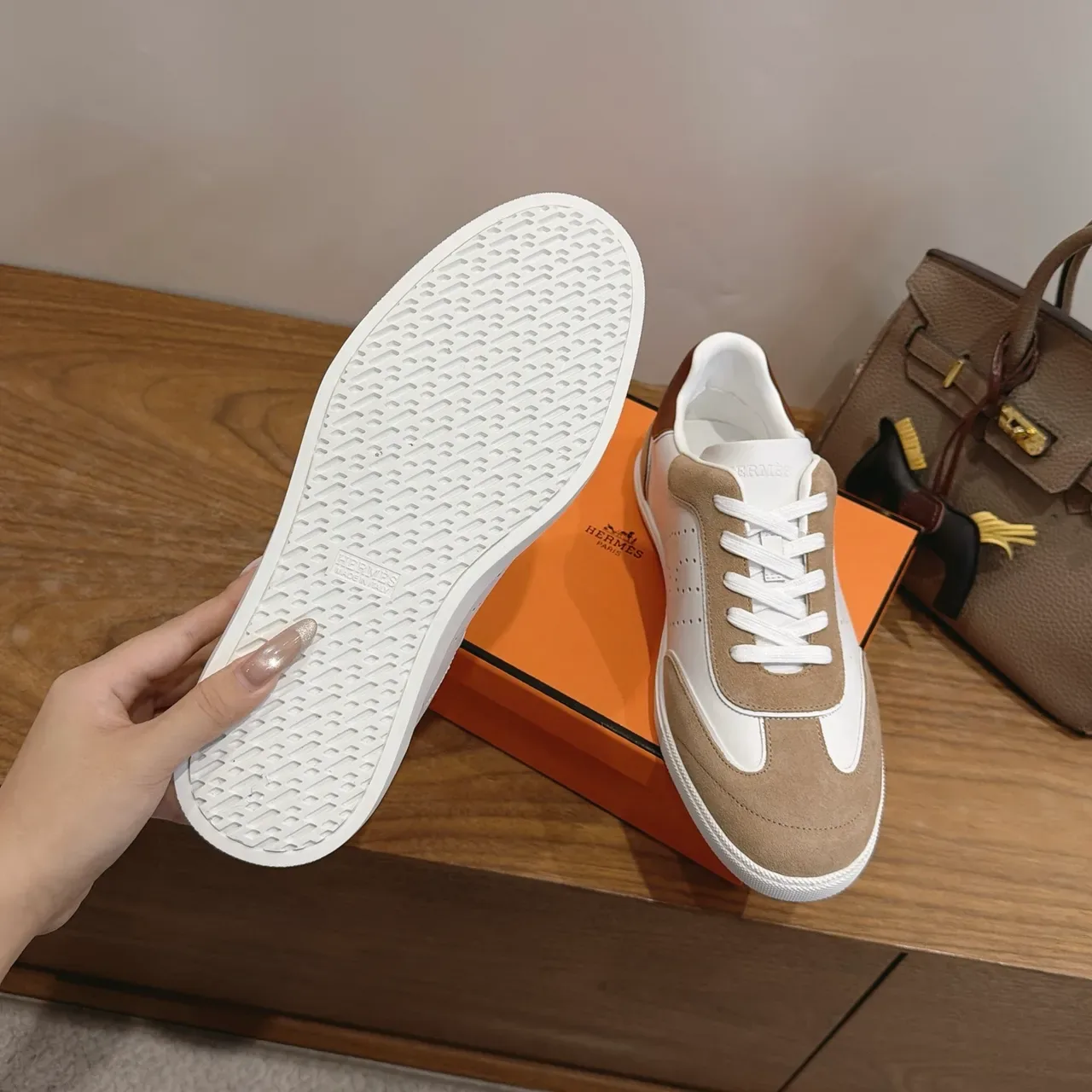 Hermès White and Beige Panelled Leather Suede Lifestyle Sneakers 3