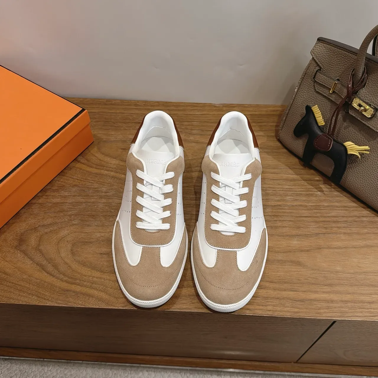 Hermès White and Beige Panelled Leather Suede Lifestyle Sneakers 4
