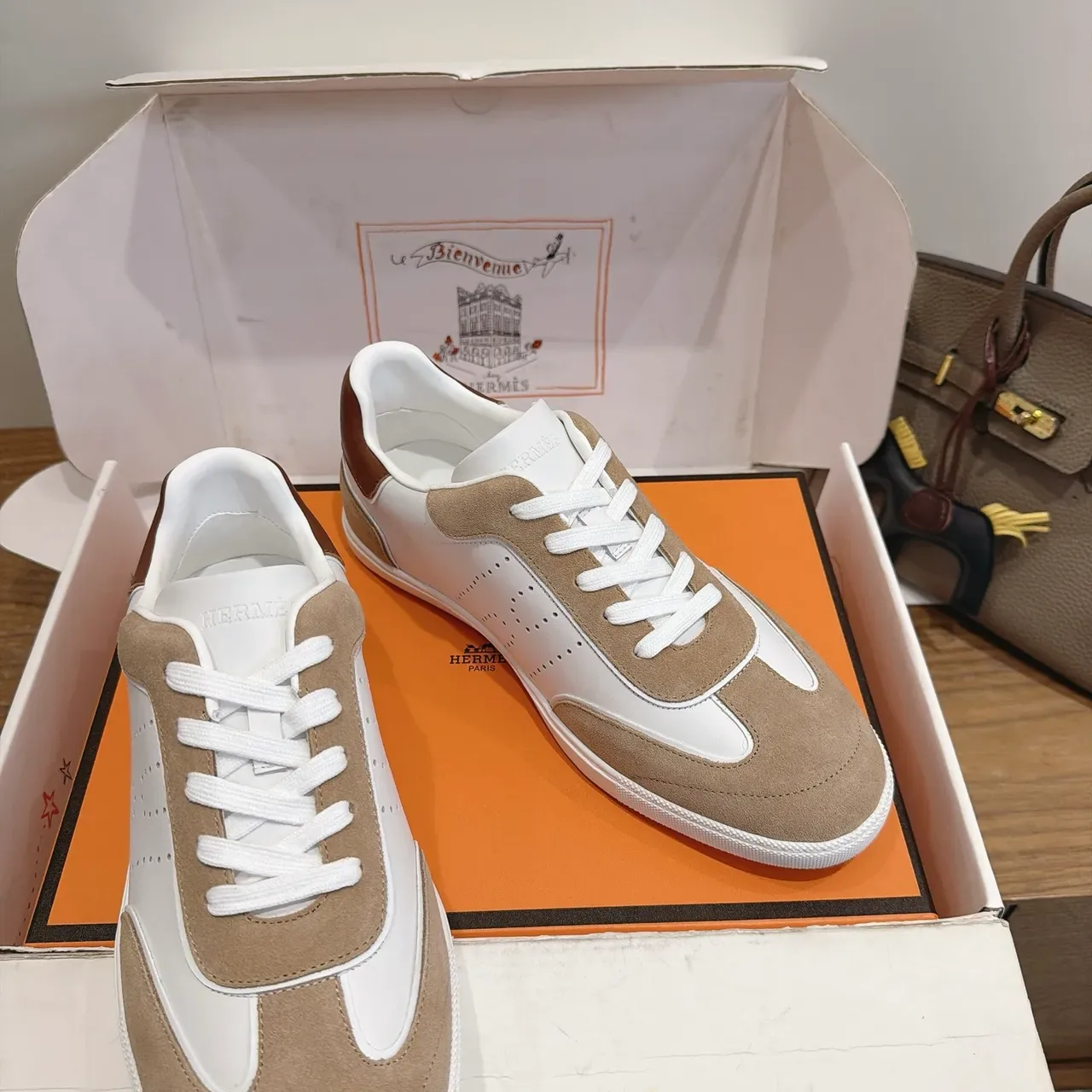 Hermès White and Beige Panelled Leather Suede Lifestyle Sneakers 5