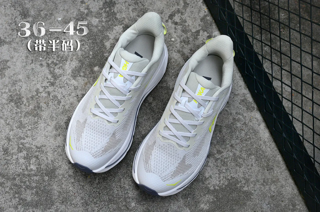 Hoka Clifton White Yellow Engineered Mesh Upper Thick Sculpted Midsole Running Shoes 4