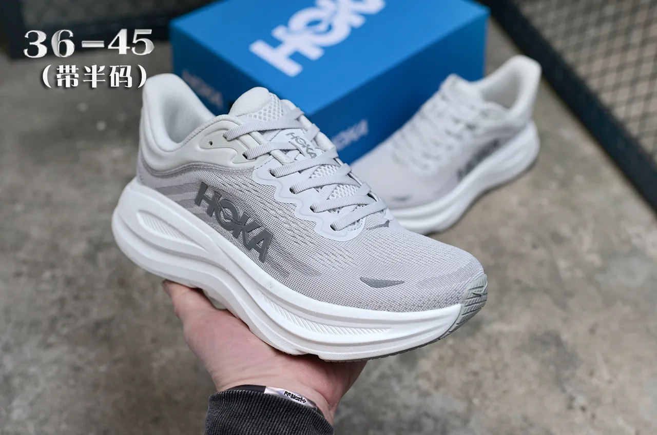 Hoka Gray White Engineered Mesh Upper Sculpted Midsole Running Shoes 3
