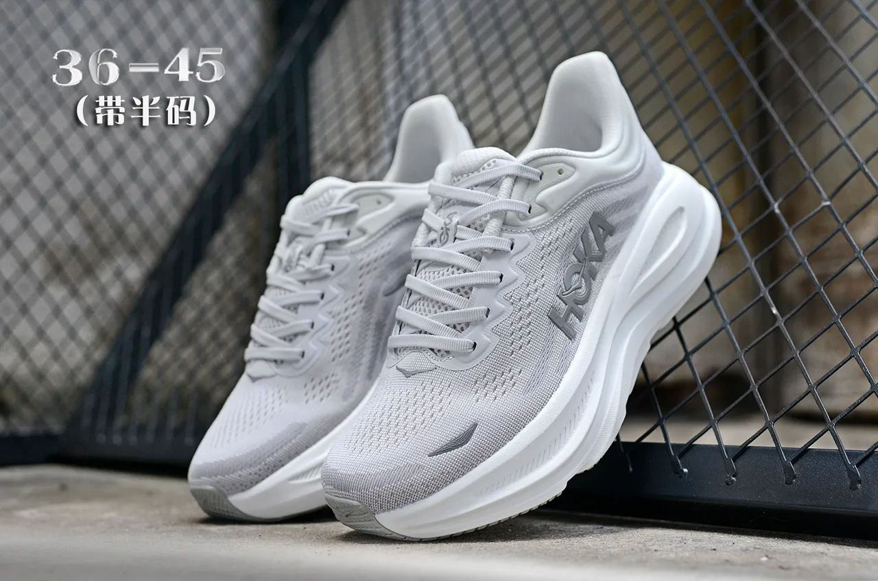 Hoka Gray White Engineered Mesh Upper Sculpted Midsole Running Shoes 5