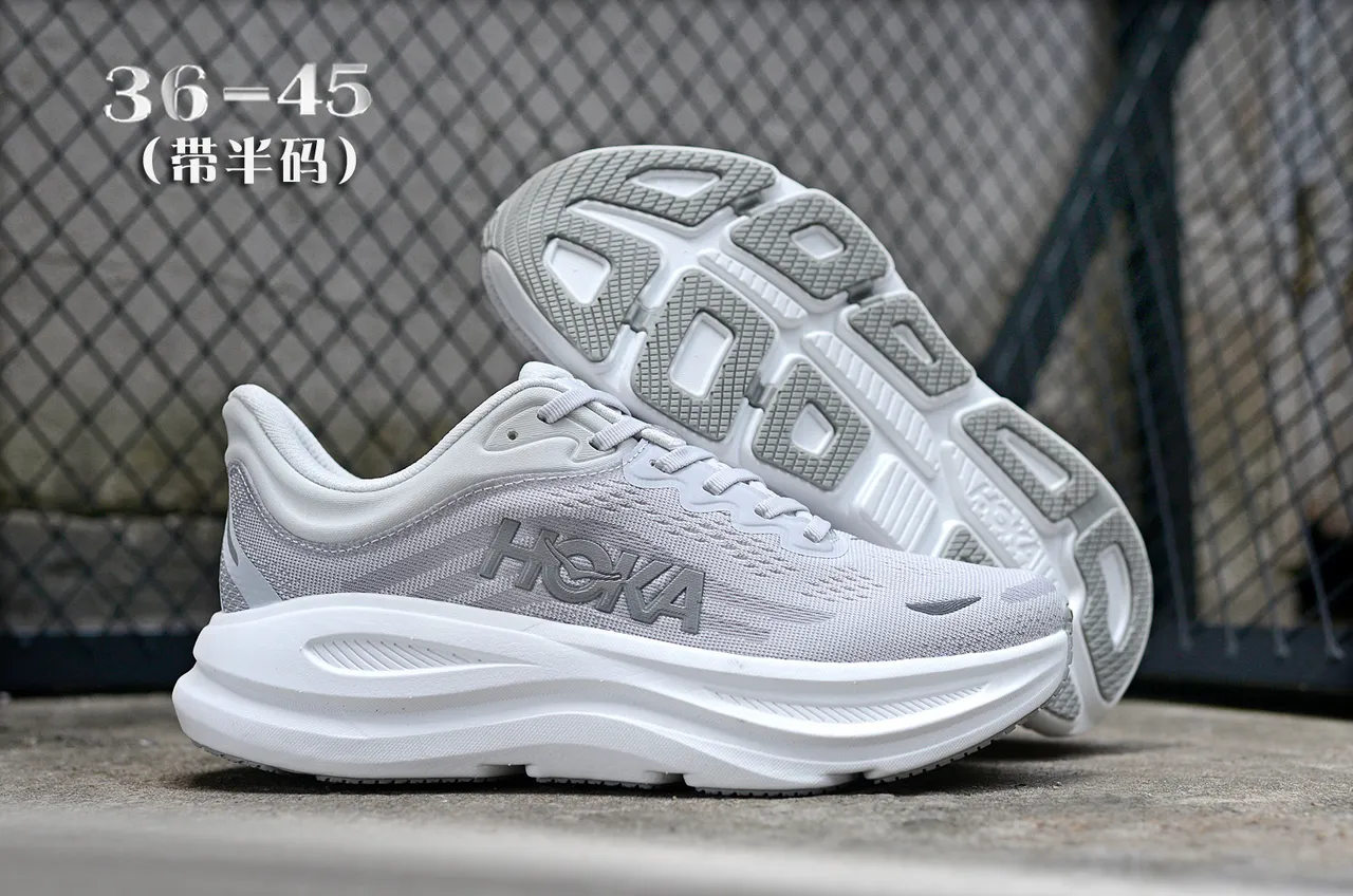 Hoka Gray White Engineered Mesh Upper Sculpted Midsole Running Shoes 7