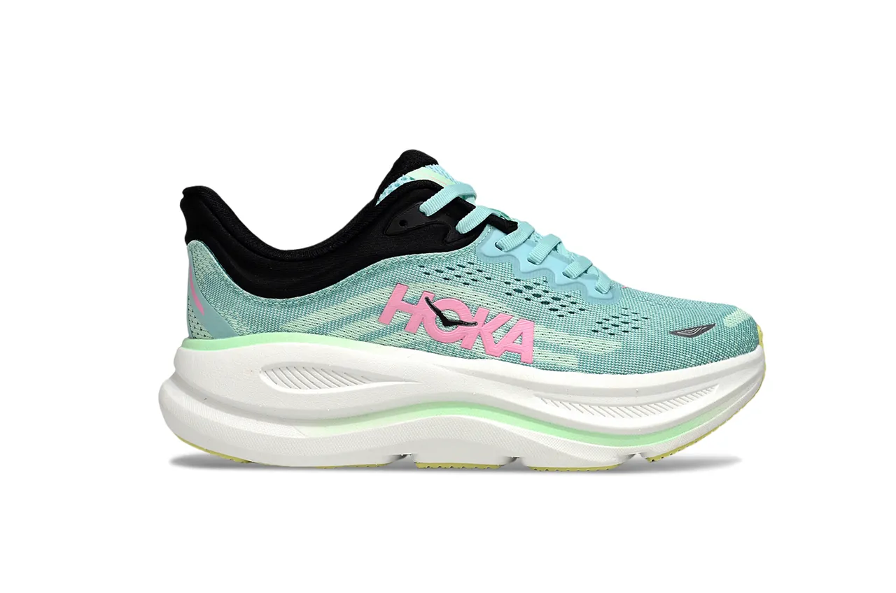 Hoka Green Pink Engineered Knit Upper Thick Cushioned Midsole Running Shoes 2
