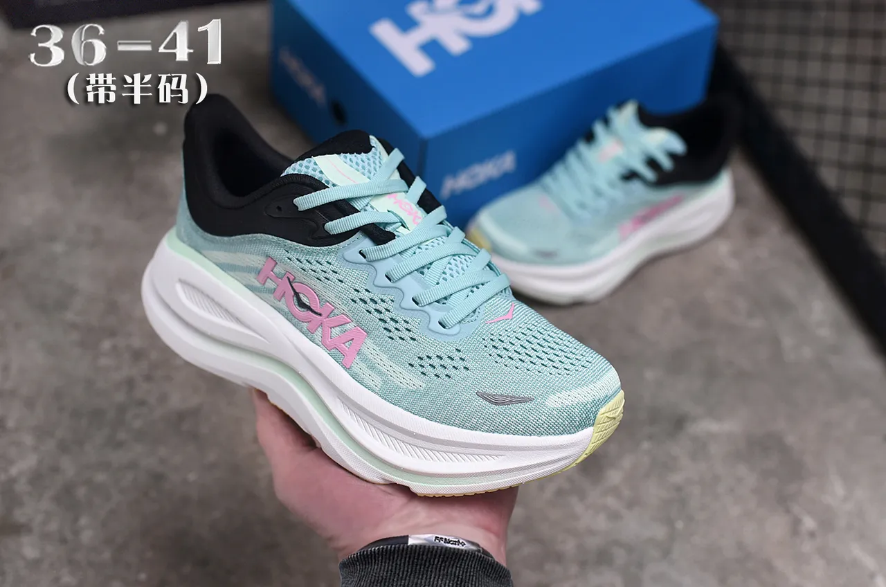 Hoka Green Pink Engineered Knit Upper Thick Cushioned Midsole Running Shoes 3