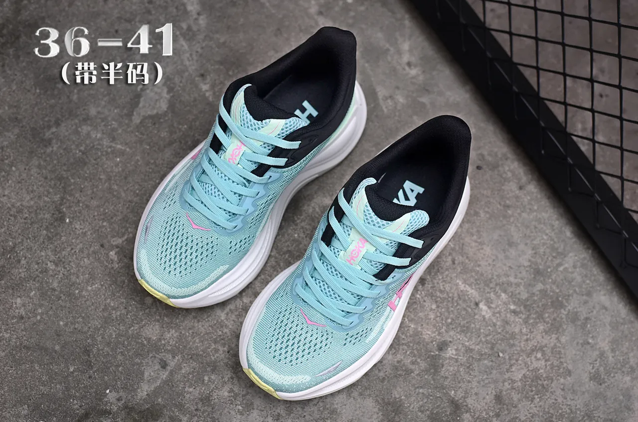 Hoka Green Pink Engineered Knit Upper Thick Cushioned Midsole Running Shoes 4