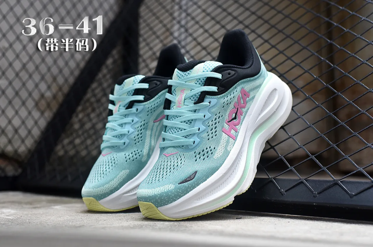 Hoka Green Pink Engineered Knit Upper Thick Cushioned Midsole Running Shoes 5