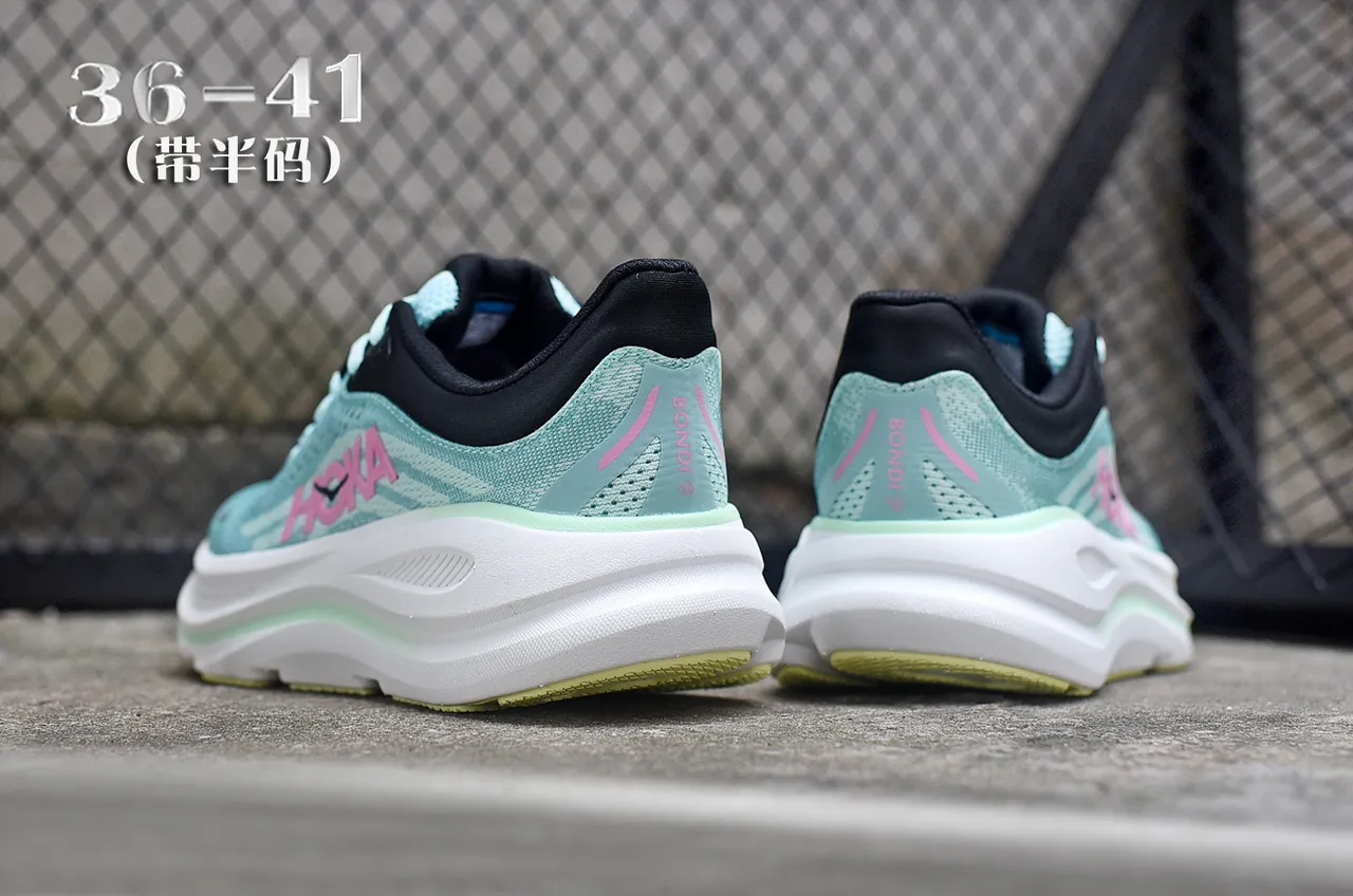Hoka Green Pink Engineered Knit Upper Thick Cushioned Midsole Running Shoes 6