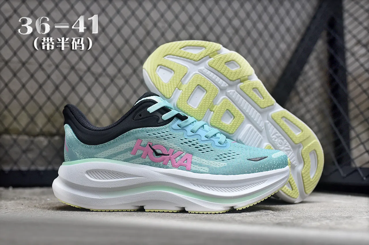 Hoka Green Pink Engineered Knit Upper Thick Cushioned Midsole Running Shoes 7