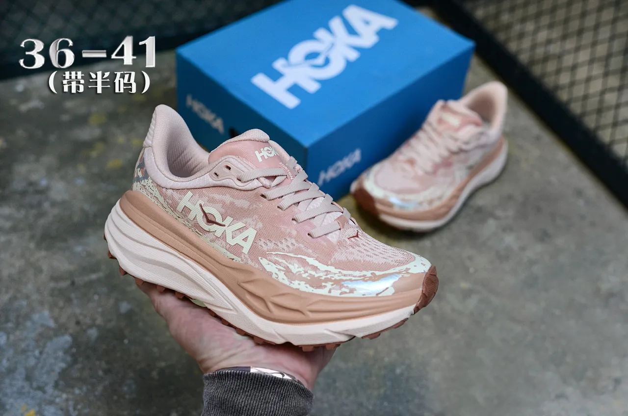 Hoka Pink Beige Thick Stacked Midsole Engineered Mesh Upper Running Shoes 3