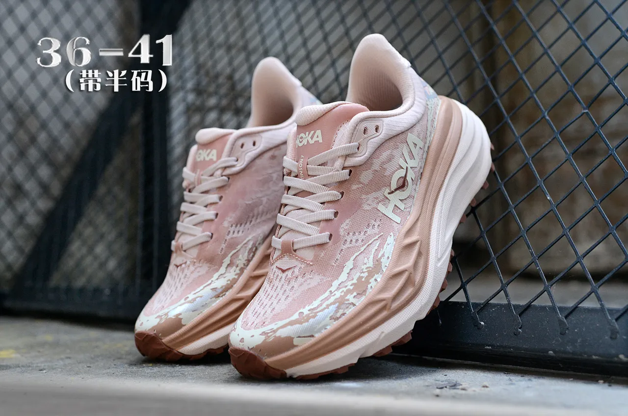 Hoka Pink Beige Thick Stacked Midsole Engineered Mesh Upper Running Shoes 5