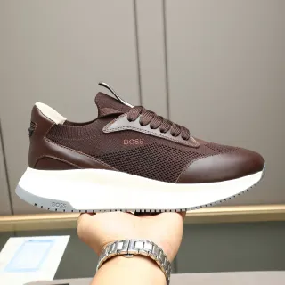 Hugo Boss বাদামী নিট এবং চামড়ার জীবনধারার স্নিকার্স