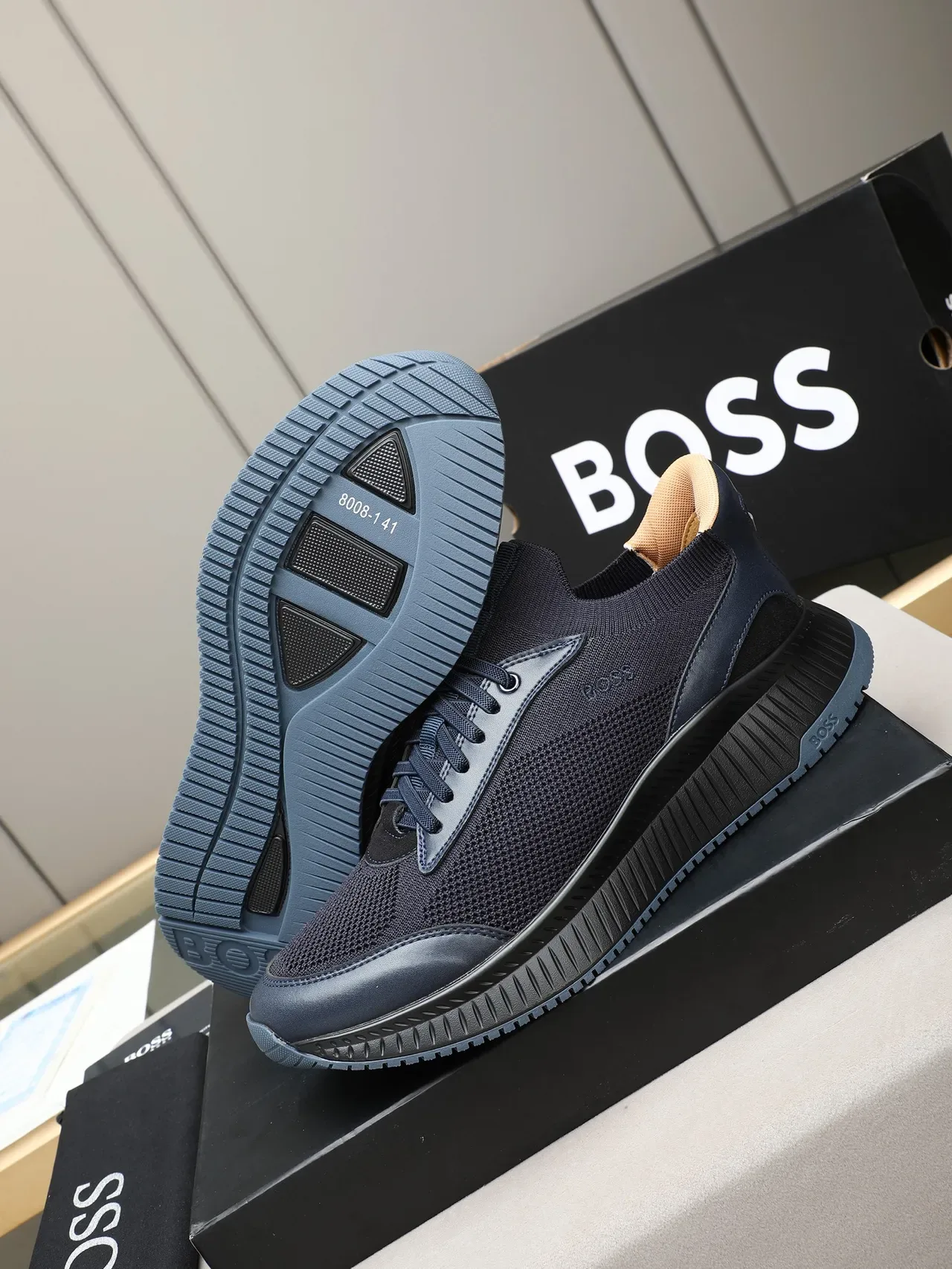 Hugo Boss Navy Knit and Synthetic Lifestyle Sneakers 4