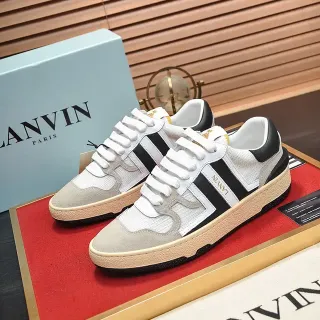 Lanvin White Black Mixed-Material Upper Side Stripe Branding Lifestyle Sneakers
