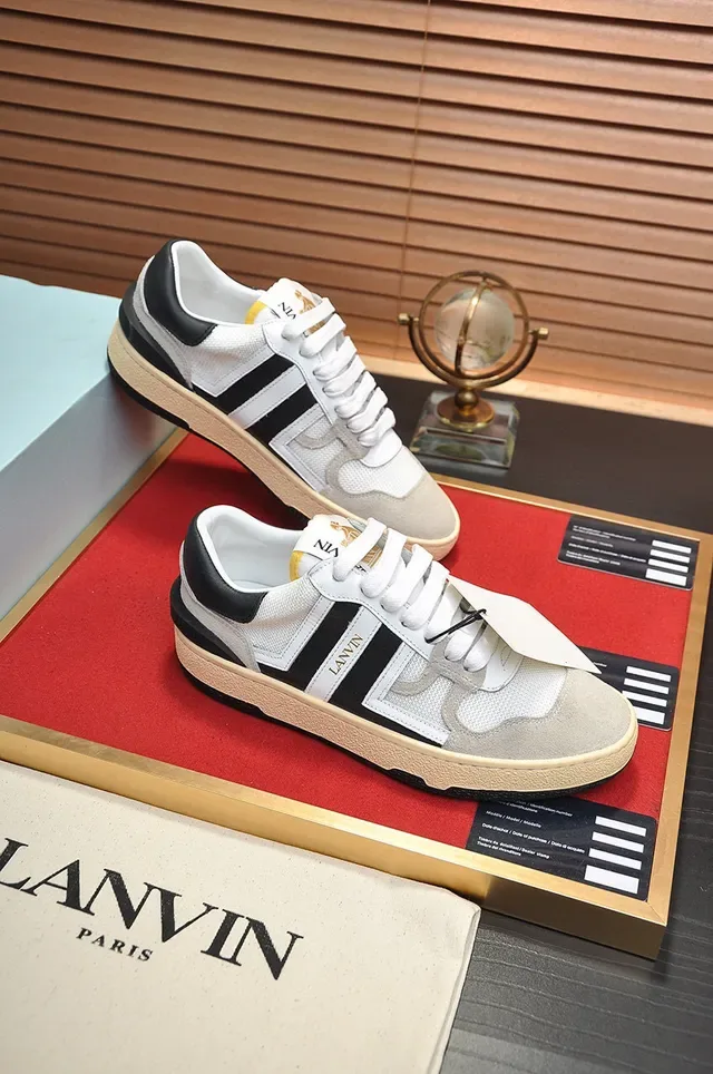Lanvin White Black Mixed-Material Upper Side Stripe Branding Lifestyle Sneakers 5